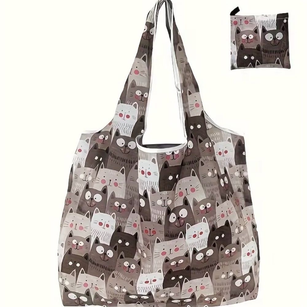 Foldable Cat Print Tote Bag in Taupe, Cream and Pink Accents